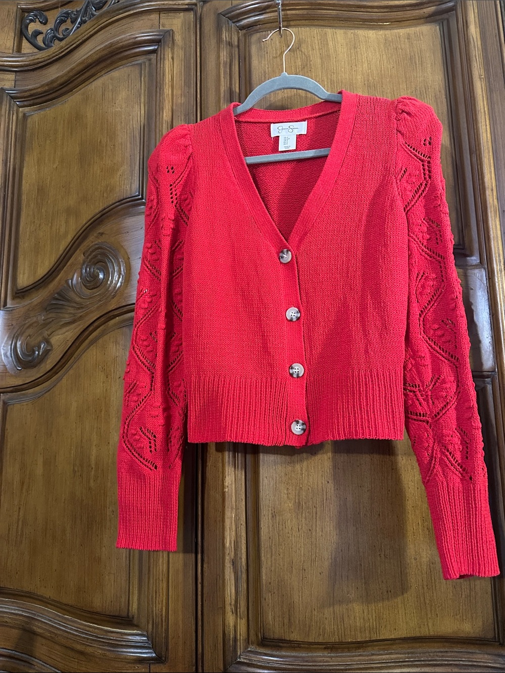 Jessica Simpson Red Button-Front Knit Cardigan with Small Pom-Pom Sleeve Detail